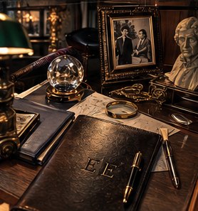 Escritorio con libreta y fotografía antigua